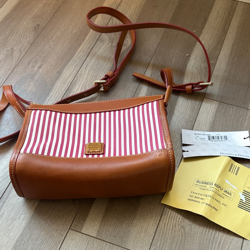 Dooney & Bourke Tan and Red and white Striped Crossbody Bag